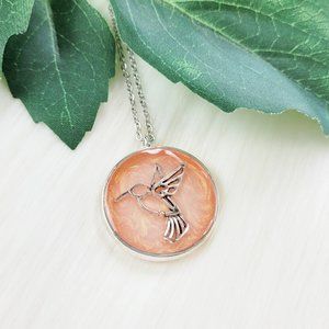Hummingbird Pendant Necklace Metallic Peach Silver Round Bezel Handmade Necklace